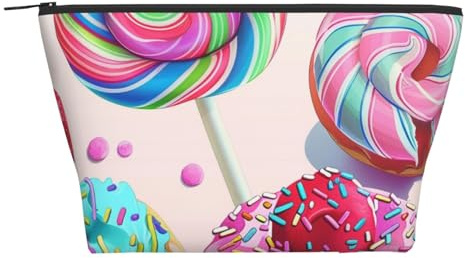 Bunte süße Lutscher-Cupcake-Donut-Druck, Trapez-Make-up-Tasche für Frauen und Mädchen, große Kapazität, tragbare Reise-Kosmetiktasche, Make-up-Tasche, Schwarz , Einheitsgröße, Kosmetiktasche