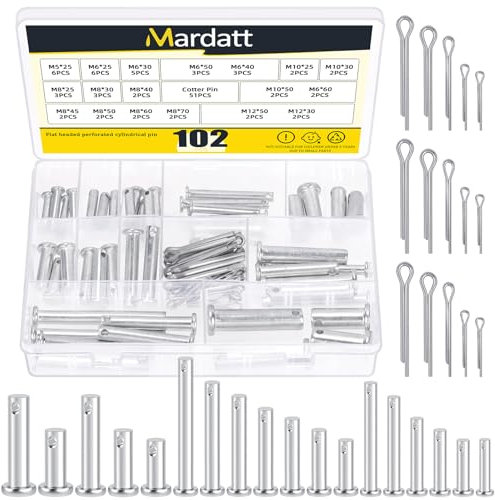 Mardatt 51 unidades de 18 tamaños de perno de horquilla de un solo agujero con 51 piezas de surtido de pasadores, M5 M6 M8 M10 M12 galvanizados Single Hole Clevis Pins, cabeza plana Clevis Pins con