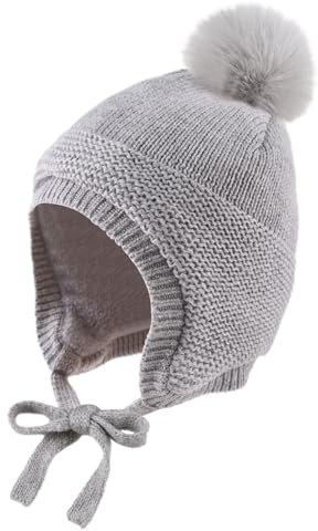 XIAOHAWANG Caldo Earflap Beanie per Bambini - Cappello Invernale Con Pom Pom e Pile per Neonati (0-6 Mesi, Grigio)