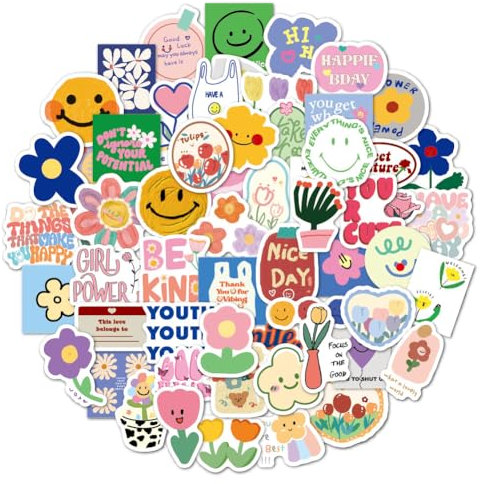 50 Aesthetic Sticker Set Blumen Smile Aufkleber Süße Stickers für Kinder Mädchen zum Basteln und Spielen (Smile Flower)