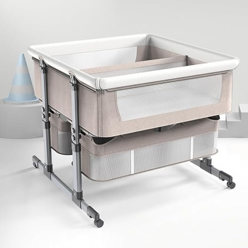 ZXSYYDS Stubenbett Als Beistellbett | Zwillingsbett | Tragbares Bett Mit Wiege | Höhenverstellbarer Nachttisch Für 1–36 Monate | Anti-Erbrechen-Design,Khaki