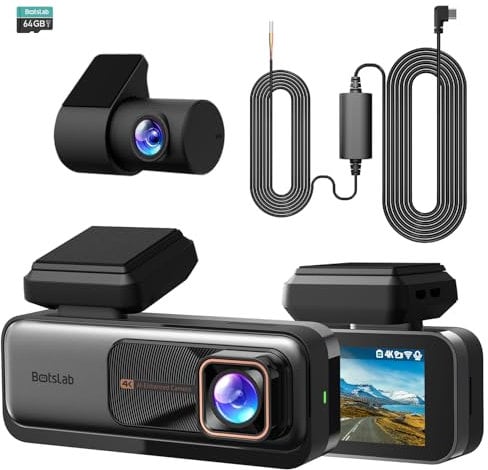 BOTSLAB Dashcam Auto Vorne Hinten 4K+2K mit GPS WiFi und Hardwire-Kit, Dash Cam Auto Kamera mit ADAS, Kostenlose 64-GB-Karte, 24/7 Parküberwachung, 2,45 IPS, Nachtsicht, WDR, 170°Weitwinkel