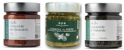 Polpa di Chiocciole alla Boscaiola 235g + Chiocciole al Naturale 255g + Chiocciole al Pesto 235g – Lumache Helix lessate e pronte da cucinare – Piatto Pronto, Shelf Life 48 Mesi