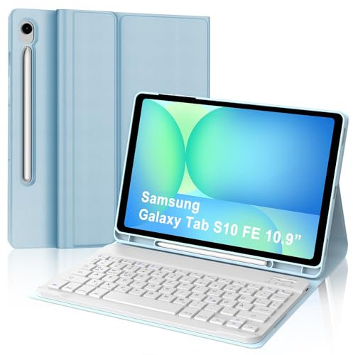 FOGARI Hülle mit Tastatur für Samsung Galaxy Tab S10 FE 10.9/S9 FE/S9 10.9 2025, Tastatur QWERTZ deutsche Bluetooth Magnetisch Abnehmbare für Samsung Galaxy Tab S10FE/S9FE/S9 10.9 Zoll, Hellblau