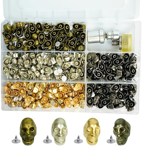 WedDecor 9 mm x 15 mm, 400 pezzi borchie a forma di teschio con perni e fustelle di fissaggio con kit di stoccaggio, kit compatibile con la macchina verde per pelle, abbigliamento, giacche, scarpe
