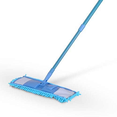 Bestlivings Bodenwischer Set ( Hellblau ) mit Chenille Bezug - Wischmopp mit Fußklick 360 Grad Gelenk für alle Ecken - Komfort Bodenreiniger Flachmopp Wischmopp