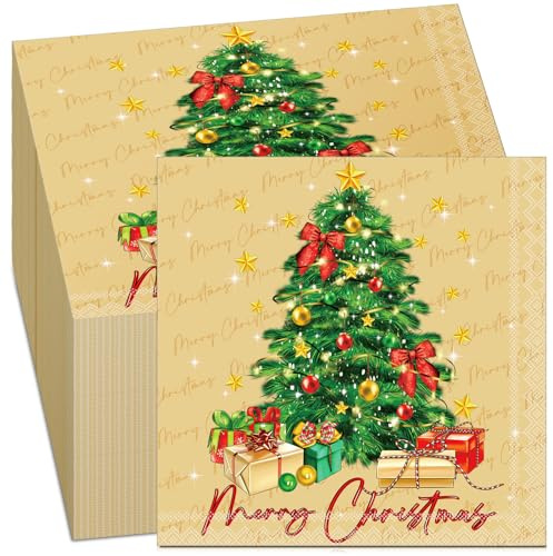 Tenare 200 Stück Weihnachten Servietten, 33 x 33 cm, Weihnachtsbaum | Einweg Papierservietten mit Festlichen Weihnachtsmotiven, Ideal für Weihnachtsessen, Tischdeko und Festliche Anlässe