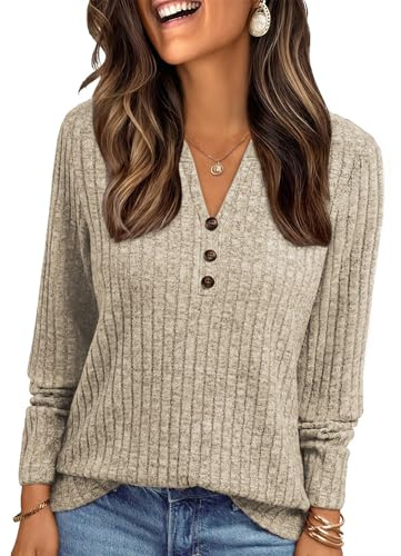 Famulily Ladies Long Sleeve Rib Jumpers Lightweight V Neck Sweater Decorative Buttons Loose Fit Tops for Leggings Beige XL