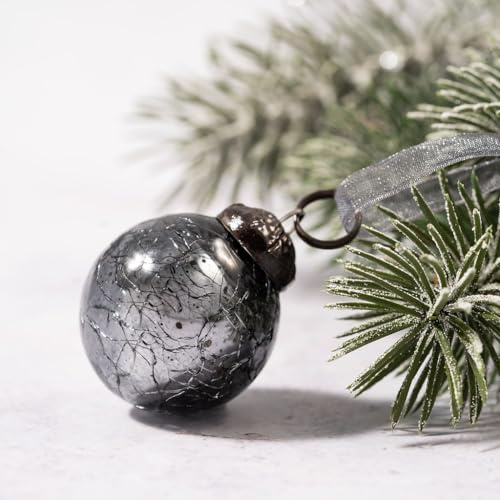 Arthur Cameron - Set of 6 1 Hand-Blown Crackle Glass Mini Christmas Baubles - 3cm Tiny Baubles with Bronze Caps & Organza Ties - Small Christmas Tree Decorations