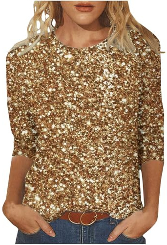 Guhmomh Glitzer Shirt Damen 3/4 Arm Pailletten Rundhals Oberteil Festliche Bluse Silvester Tunika Elegant Party T-Shirt Karneval Outfit Festival Blusen Zur Hochzeit Sexy Disco Top Langarmshirt