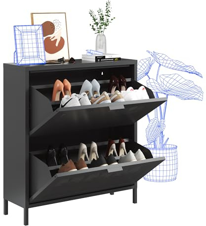 FLEXISPOT Schuhschrank aus Metall mit 2 Klappen – Belüftetes Lochdesign & Platzsparende Kipptüren – Robuste Stahlkonstruktion, kompatibel mit magnetischem DIY-Zubehör （Schwarz）