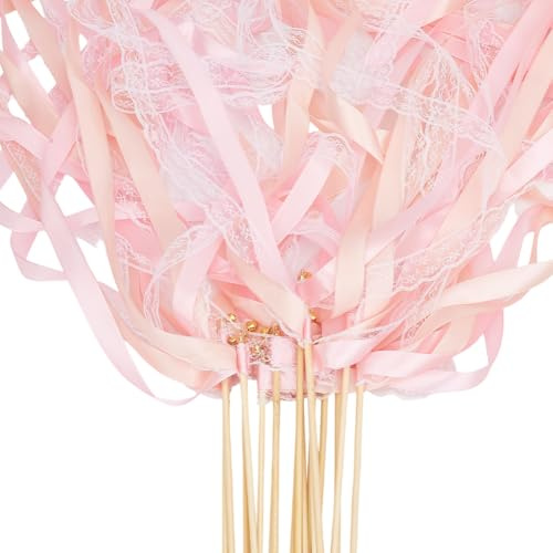 GORGECRAFT Baguette Magique Rose avec Ruban Pompon en Dentelle de Polyester Bâtonnet en Bois Soie Guirlandes Clochettes pour Fêtes Mariages Anniversaires Saint Valentin Autres Occasions Spéciales.