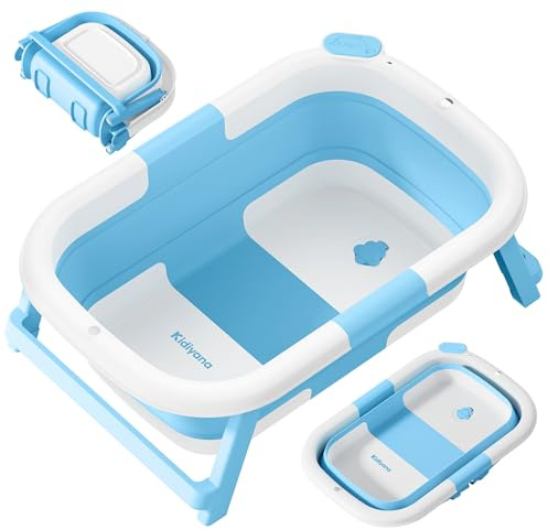 Kidiyana Baby Badewanne faltbar mit Gestell, stabil und rutschfest, platzsparend klappbar, mit Ablauf, PP & TPE, 30L, Babywanne kompakt tragbar, faltwanne, 0–3 Jahre