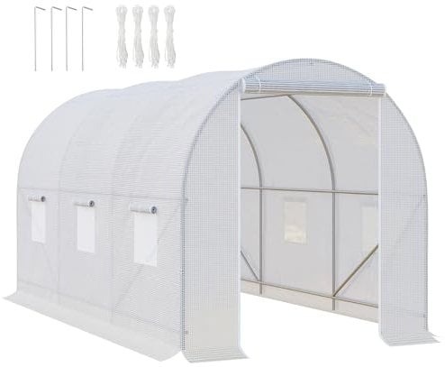 Outsunny Serra per Orto con 6 Finestre e Porta Avvolgibile, Serra da Giardino a Tunnel, Serra per Piante con Struttura in Metallo e Telo in Polietilene, 3.5x2x2m, Bianco