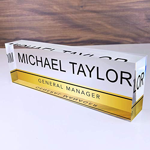 Artblox Personalized Name Plate for Desk | Gold Stripe On Clear Acrylic Glass | Custom Desk Name Plate Personalized with Name and Credentials for Teacher Phd Military Office Name Plate (8 X 2.5)