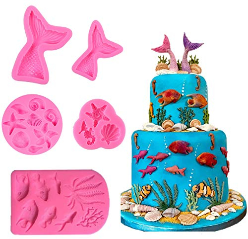 5 Stücke Meerjungfrau Themen Silikon Fondant Formen für Kuchen Cupcake Dekorationen, Meerjungfrau Schwanz, Muschel, Seepferdchen, Algen Süßigkeiten Schokolade Backformen