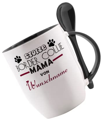 Tasse m. Löffel Stolze Border Collie Mama von Wunschname Löffeltasse, Kaffeetasse m. Motiv,Bürotasse, bedruckte Tasse mit Sprüchen oder Bildern -