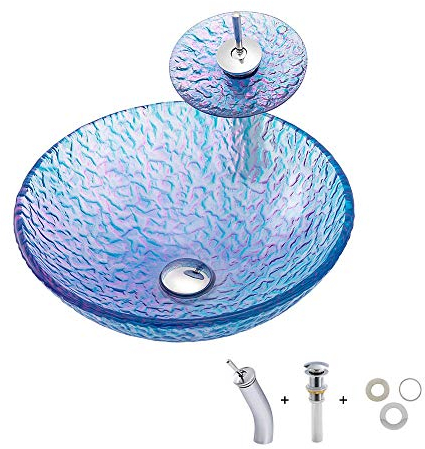 HomeLava Gehärtetes Glas Waschbecken Aufsatzwaschbecken Rund Design Handwaschbecken für Gäste-WC Badezimmer mit Wasserfall-Wasserhahn, Abfluss und Montagering