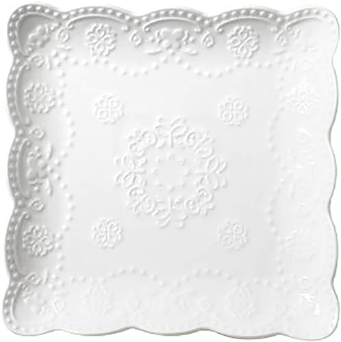 YBK Tech - Assiette carrée en porcelaine effet dentelle en relief pour le petit déjeuner et le thé de l'après-midi (blanc, 25,4 cm)
