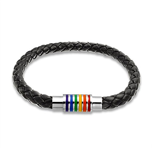Bling Jewelry Gestreifte Regenbogenflagge Schwarzes Geflochtenes Pu-Leder Lgbtq-Armband Geflochtener Armreif Armband Für Männer Für Frauen Rostfreier Magnetverschluss
