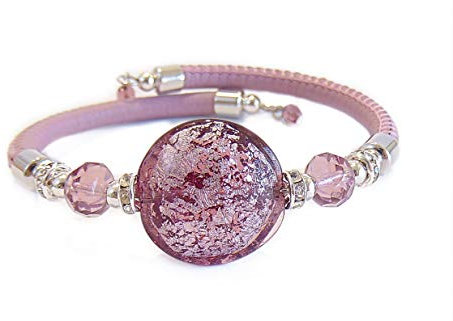 VENEZIA CLASSICA Damen-Armband aus Muranoglas mit Silberblatt und Leder, Kollektion Tuscany, Lila