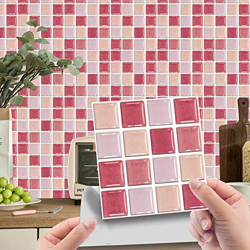 Hiseng Rettangolo Adesivi per Piastrelle da Cucina, Marmo 3D Mosaico Stampa Impermeabile Adesivo da Parete Formato Autoadesivo Decorativo per Bagno Decorazioni, 10x10cm (Rosa,10Pezzi)