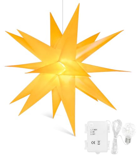 Qijieda 3D Weihnachtsstern Beleuchtet Batterie mit Timer - 45cm led Christbaumspitze Stern, Adventsstern Stern Zum Dekorieren von Weihnachtsbaum, Innenhof, Balkon Und Garten (45cm, Gelb)