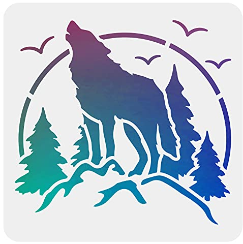 FINGERINSPIRE Wald Wolf Berg Schablonen Dekoration Schablone 30x30cm Kunststoff Woodland Zeichnung Malerei Schablonen Quadrat Wiederverwendbare Schablonen für Malerei auf Holz, Boden und Fliesen
