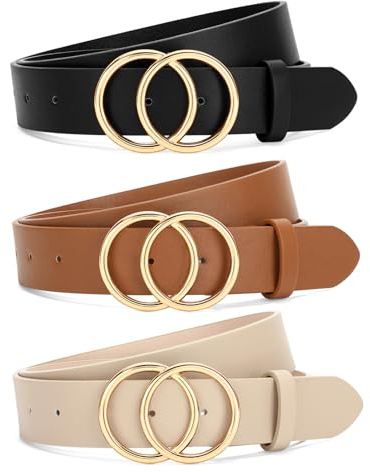 SANSTHS 3 Pack Women Waist Belts for Jeans Pants Dresses, Ladies Belt with Double O-Ring Gold Buckle, Black+Brown+Beige M