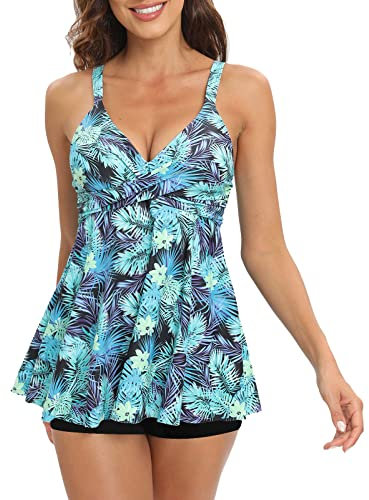Adigaber Maillot De Bain Deux Pièce Tankini Imprimé Rembourré Maillot avec Short de Garçon Maillots de Bain à Jupette Elégante Taille Haute Beachwear,Feuilles Bleu-Vert,L