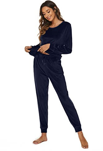Ietaoo Damen Jogginganzug Velours Hausanzug Langarm Winter Trainingsanzug Sportanzug Samt 2 Teiler Schlafanzug Pyjama Set Sleepwear Navy Blau L