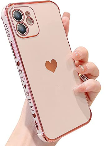 Knoowcase for iPhone 12 Case for Girls Women Shockproof Flexible Silicone Bumper Lens Protection Luxury Plated Gold Heart Slim Anti Scratch Phone Cover for iPhone 12,Pink