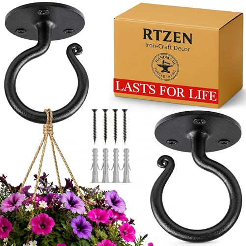 RTZEN 2 Stück Schmiedeeiserne Pflanzenhaken für Zimmerpflanzen, robuste dekorative Wandhaken zum Aufhängen von Pflanzen, Körben, Laternen, Windspiele (Deckenhaken)