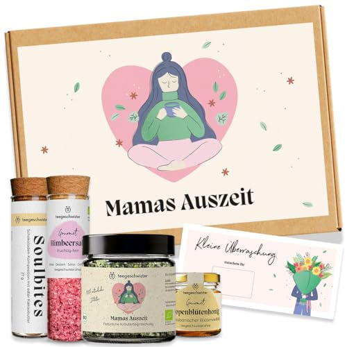 teegeschwister® Tee Geschenkbox - Mamas Auszeit – Muttertagsgeschenk mit Bio-Pralinen, Himbeersalz, Bio-Honig, Tee & Grußkarte – liebevolles Tee Geschenkset für Mama