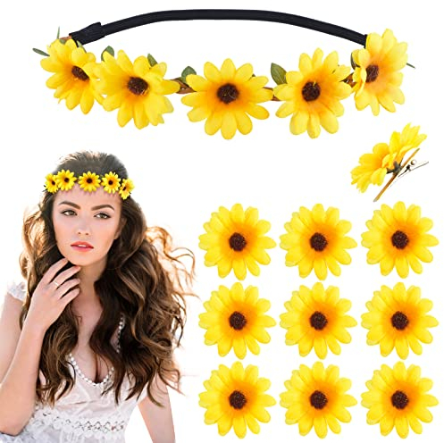 BETESSIN Blumen Haarband Sonnenblumen Stirnband mit 10 Haarspangen Gänsenblümchen Haarschmuck Gelb Haarreif Blumenkranz Damen Mädchen Strand Hochzeit Reise Karneval Party Kopfschmuck