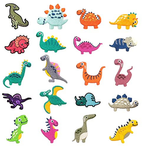 20 Stück kleine Dinosaurier-Stickflecken, Cartoon-Tierflecken für Kinder, Bügel- und Nähstoffaufkleber, DIY-Bekleidungszubehör, für Kleidung, Hüte, Rucksäcke (verschiedene Muster)