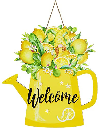 Sommer Zitrone Türschild Willkommen Holz Hängende Tür Dekorationen Gießkanne Form Haustür Aufhänger Gelb Obst Türschild mit Seil für Zuhause Bauernhaus Tür Wand Indoor Outdoor (Zitrone)