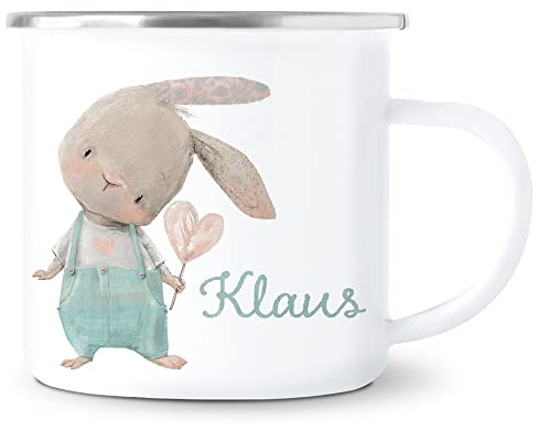 Emaille Tasse Kinder Personalisiert mit Namen Kindertasse Hase Kinderbecher für Jungen Geburtstagsgeschenk