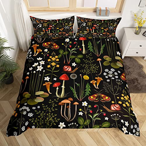 Botanical Duvet Cover Set King Size, Mushroom Flower Plants Bedding Set 3pcs for Kids Boys Girls Bedroom Decor, Snail Butterfly Comforter Cover Soft Polyester Quilt Cover with 2 Pillowcases