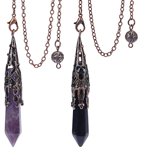 PLIGREAT 2 Stück Natürliches Kristall Punkt Pendel für Divination Amethyst und Obsidian Dowsing Set Esoterik Spirituelle Punkt Pendel Hexen Zubehör Kristall Reiki Pendel