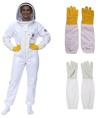 American Bee Cotton Beekeeping Suit, Full Body Beekeepers Protective Gear with Fencing Veil Hood, Elastic Cuffs & Breathable Fabric, With Two Pairs of Gloves (2XL)