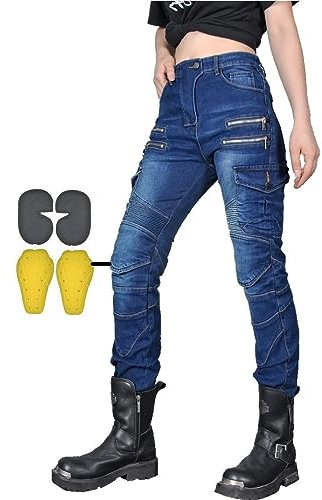 CBBI-WCCB Mujer Moto Jeans Motocicleta Pantalones con Almohadilla Protectora (FR/ES, Medida de la Cintura & Longitud de la Pernera, 34, 32, Azul)