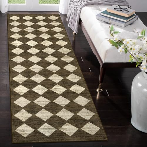 Lahome Zelie Runners for Hallways with Rubber Backing, Kitchen Runner Rugs Non Skid Washable Bathroom Rugs Runner, Moroccan Trellis Non Slip Bedroom Carpet Runners for Entryway Powder Room, 2x8 Brown