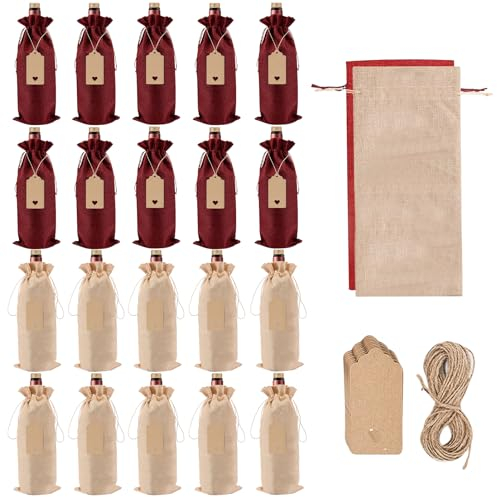 Nizirioo 20 Stück Weinbeutel, Weintasche, Weinflaschenbeutel Jute Weinbeutel Weinflasche Geschenktüte Mit Kordelzug Und Anhänger Wein Taschen Für Wein Weihnachten Hochzeit Party(Rot Beige)