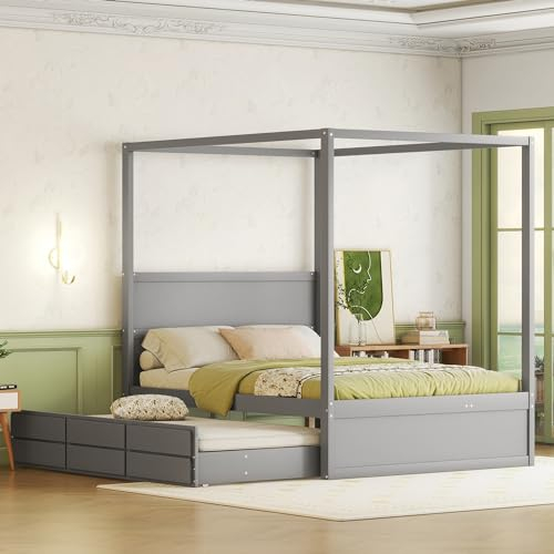 NNJN Himmelbett 140 x 200cm, Pritsche mit ausziehbarem Einzelbett und DREI Ablagefächern (Grau)