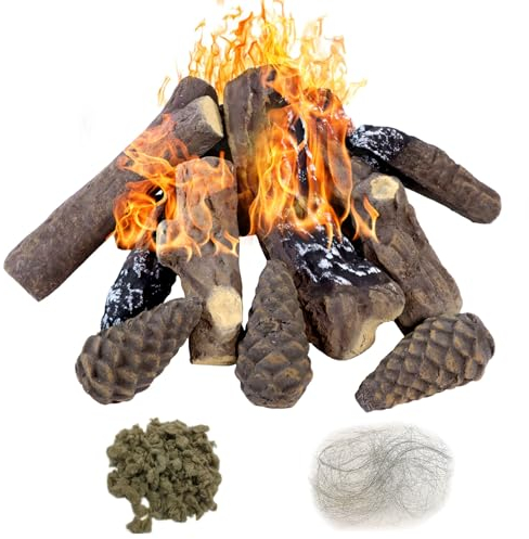 MrGas Log 10 Stück Gas-Kaminscheite, Keramik-Holz-Kamin-Kamin-Set, simuliertes gefälschtes Brennholz, Keramik, Gaseinsätze, dekorativ, hitzebeständig, realistische Holzscheite für Außenkamine und