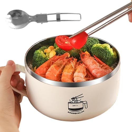 Zankie Microwave Ramen Bowl Set- 1 L Noodle Bowl with Chopsticks and Spoon 304 Stainless Steel Soup Food Bowl Set with Lid Speedy Portable Ramen Cooker