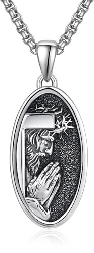 KATHLU Jesus-Halskette für Männer, Jesus-Anhänger, Medaillon-Halskette, 925er Sterlingsilber, Schutz-Halskette, christlicher Schmuck, katholische Halskette