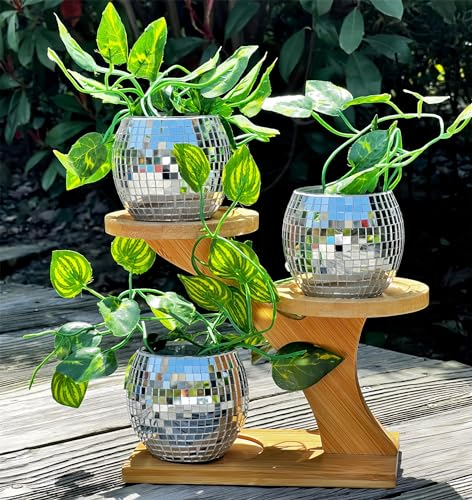 Set of 3 Disco Ball Planter Pot with Wood Stand Holder,Indoor Plant Cactus Succulent Flower Pot,Mirror Glitter Silver Glass Disco Ball Planter and Bamboo Plant Holder,for Party Garden Office Desk