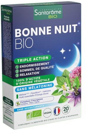 Santarome Bio - Bonne Nuit Bio - Endormissement, Sommeil, Relaxation - A base de Mélisse & Passiflore, Sans mélatonine - 20 comprimés - France